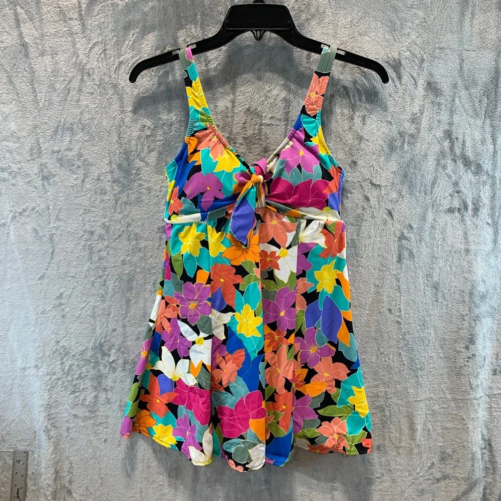Macys Floral Tie Front Swim Dress Multicolor One Piece Swimsuit 8 60200106